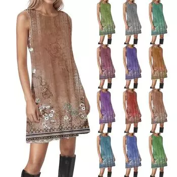 Женские винтажные цветочные повседневные платья без рукавов с круглым вырезом и текстурой XXL красный