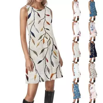 Женские винтажные цветочные повседневные платья без рукавов с круглым вырезом и текстурой S синий