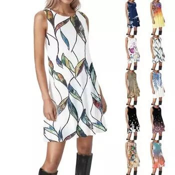 Женские винтажные цветочные повседневные платья без рукавов с круглым вырезом и текстурой XXL чёрный