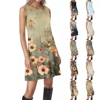 Женские винтажные цветочные повседневные платья без рукавов с круглым вырезом и текстурой XL чёрный