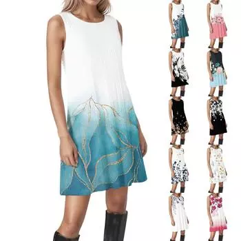 Женские винтажные цветочные повседневные платья без рукавов с круглым вырезом и текстурой XL