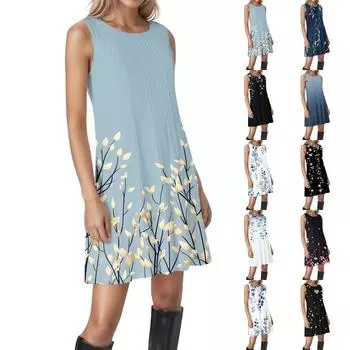 Женские винтажные цветочные повседневные платья без рукавов с круглым вырезом и текстурой L