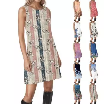 Женские винтажные цветочные повседневные платья без рукавов с круглым вырезом и текстурой XL