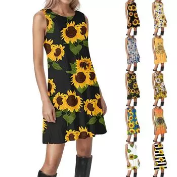 Женские винтажные цветочные повседневные платья без рукавов с круглым вырезом и текстурой S оранжевый