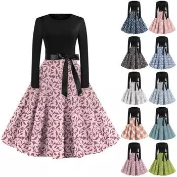 Женские винтажные цветочные принты с длинным рукавом и круглым вырезом больших размеров вечерние выпускные платья L