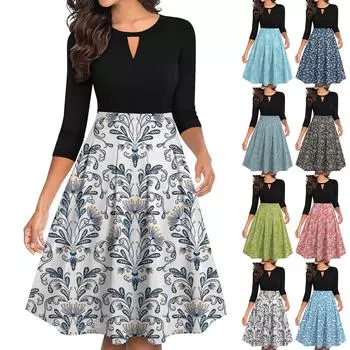 Женские винтажные цветочные принты с рукавами 3/4, расклешенные, А-силуэта, свободные, повседневные платья для вечеринок L темно-синий