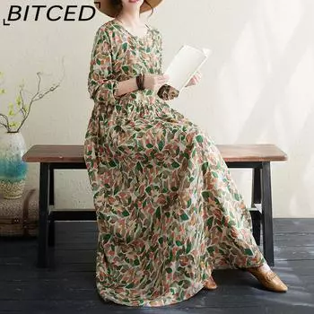 Женские винтажные длинные хлопковые платья с цветочным принтом и круглым вырезом в праздничном стиле для путешествий L коричневый/зелёный