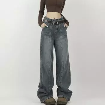 Женские винтажные джинсы 90-х годов, женские мешковатые брюки в стиле Харадзюку, джинсовые брюки в стиле 2000 года, свободные синие широкие брюки из денима в стиле пэчворк XL синий