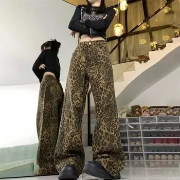 Женские винтажные джинсы с леопардовым принтом, летние новые широкие брюки Tide Niche, свободные повседневные длинные брюки с драпировкой и поясом XS цветной печати леопарда