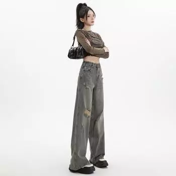 Женские винтажные джинсы с высокой посадкой, рваные, прямого кроя - Летние, стройнящие, широкого кроя M: Height 155-165CM (47.5-54 kg)