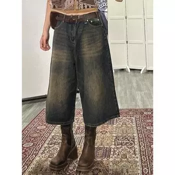 Женские винтажные джинсы средней длины с высокой талией в уличном стиле, мешковатые синие шорты, женские модные широкие брюки Y2K, женские джинсовые шорты S синий