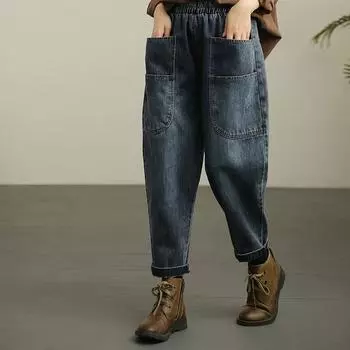 Женские винтажные джинсы весна-осень, летние свободные широкие брюки-харен 3XL чёрный
