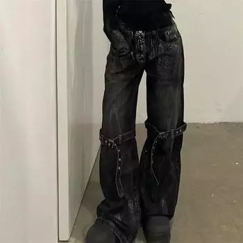 Женские винтажные джинсы Y2k в стиле американского рока, крутые брюки нейтрального цвета с высокой талией для девочек, женские свободные джинсовые брюки в стиле ретро S чёрный