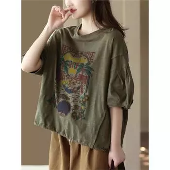 Женские винтажные футболки с цветочным принтом и круглым вырезом, футболки с короткими рукавами, летние хлопковые свободные женские повседневные мягкие футболки One Size глубокая кофе