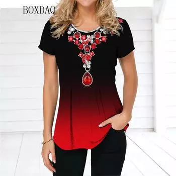 Женские винтажные футболки с градиентным рисунком и коротким рукавом, уличная одежда с 3D принтом, женские футболки большого размера, свободные повседневные летние женские топы S