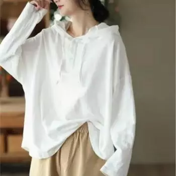 Женские винтажные футболки с капюшоном, однотонные футболки из смесового хлопка с длинными рукавами, повседневные свободные футболки на весенних пуговицах XL белый