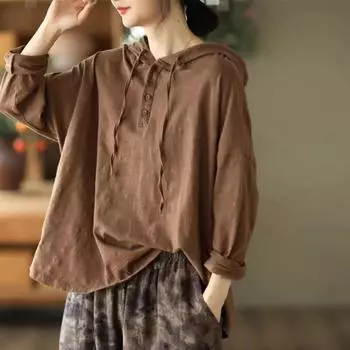 Женские винтажные футболки с капюшоном, однотонные футболки из смесового хлопка с длинными рукавами, повседневные свободные футболки на весенних пуговицах XL белый