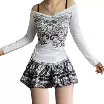 Женские винтажные футболки в готическом стиле, белый пуловер с принтом черепа и длинными рукавами, облегающие топы с открытыми плечами L белый