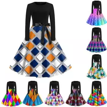 Женские винтажные геометрические принты с длинным рукавом и круглым вырезом больших размеров вечерние выпускные платья XXXXL