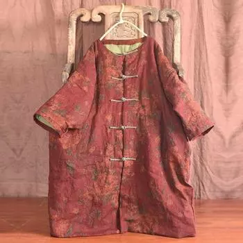 Женские винтажные хлопковые льняные парки на пуговицах с длинным рукавом и цветочным принтом, зимние пальто, свободные свободные парки в китайском стиле One Size красный