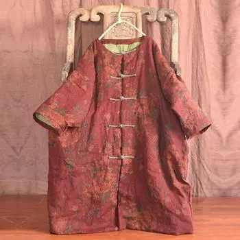 Женские винтажные хлопковые льняные парки на пуговицах с длинным рукавом и цветочным принтом, зимние пальто, свободные свободные парки в китайском стиле One Size красный