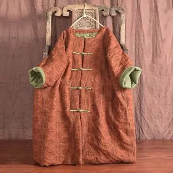 Женские винтажные хлопковые льняные парки на пуговицах с длинным рукавом и цветочным принтом, зимние пальто, свободные свободные парки в китайском стиле One Size красный