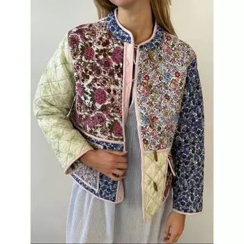 Женские винтажные хлопковые пальто с цветочным принтом в стиле пэчворк, утолщенные теплые 2024, модная повседневная куртка с длинным рукавом и карманами, элегантная зимняя женская верхняя одежда S