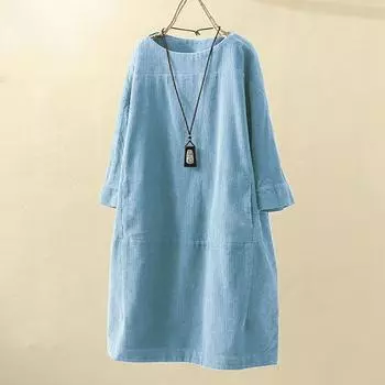 Женские винтажные карманы вельветовое однотонное свободное повседневное платье с длинным рукавом XL небесно-голубой