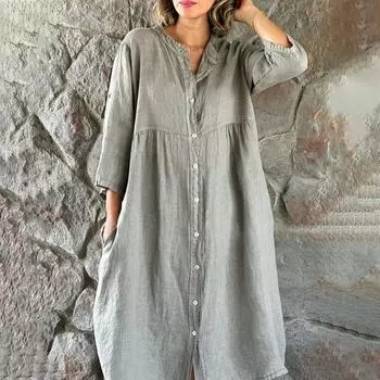 Женские винтажные карманы вельветовое однотонное свободное повседневное платье с длинным рукавом