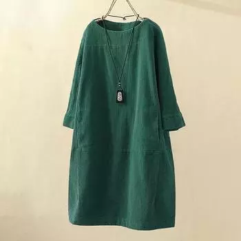 Женские винтажные карманы вельветовое однотонное свободное повседневное платье с длинным рукавом
