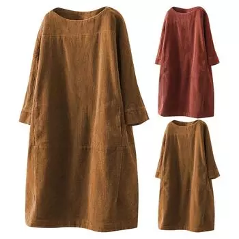 Женские винтажные карманы вельветовое однотонное свободное повседневное платье с длинным рукавом L хаки