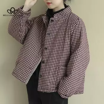 Женские винтажные клетчатые парки на пуговицах из смеси хлопка со стендом и карманами, осенние новые теплые женские парки с широкой талией, пальто One Size чёрный