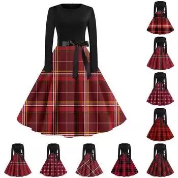 Женские винтажные клетчатые платья с длинным рукавом и круглым вырезом больших размеров для выпускного вечера XXXXL киноварь