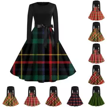 Женские винтажные клетчатые платья с длинным рукавом и круглым вырезом больших размеров для выпускного вечера XXXXL красный