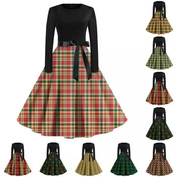 Женские винтажные клетчатые платья с длинным рукавом и круглым вырезом больших размеров для выпускного вечера L