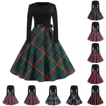 Женские винтажные клетчатые платья с длинным рукавом и круглым вырезом больших размеров для выпускного вечера L винный