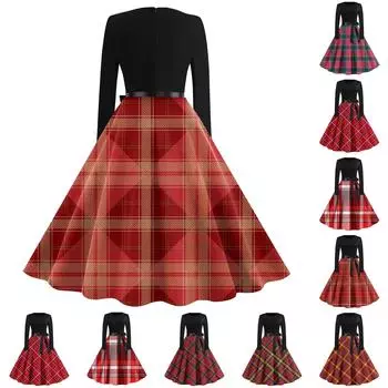 Женские винтажные клетчатые платья с длинным рукавом и круглым вырезом больших размеров для выпускного вечера XXXL
