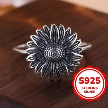 Женские винтажные кольца с подсолнухами из стерлингового серебра S925 ручной работы, дизайнерские украшения для вечеринок, подарки 6 серебряный