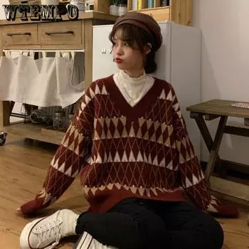 Женские винтажные корейские универсальные шикарные женские пуловеры с v-образным вырезом, студенческие ленивые стильные зимние женские повседневные свитера One Size красный