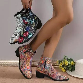 Женские винтажные ковбойские сапоги с принтом, осень-зима, новые ботильоны из искусственной кожи, женские ботильоны на толстом каблуке Chelsea Botines Mujer 202 35