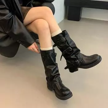 Женские винтажные ковбойские сапоги Wasteland Wind с боковой молнией и пряжкой на поясе средней высоты, старые брюки в стиле вестерн 35 чёрный