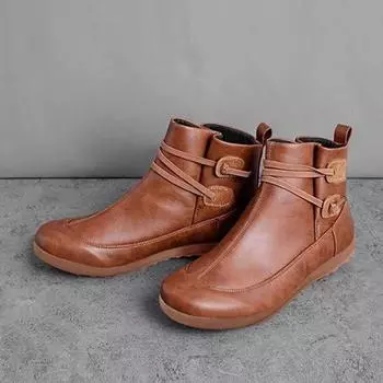 Женские винтажные кожаные ботинки, водонепроницаемая обувь на плоской подошве, зимние ботинки с круглым носком 42 коричневый