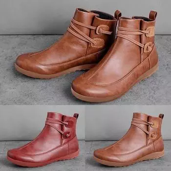 Женские винтажные кожаные ботинки, водонепроницаемая обувь на плоской подошве, зимние ботинки с круглым носком 42 коричневый