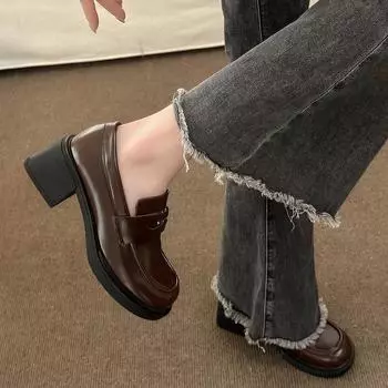 Женские винтажные кожаные туфли на толстом высоком каблуке с толстой подошвой и туфли в британском стиле 35 чёрный