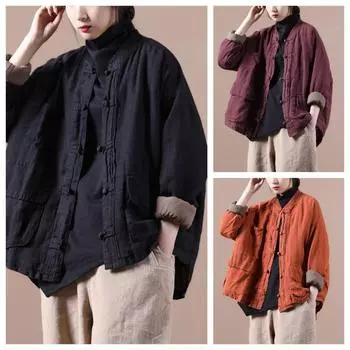 Женские винтажные куртки, однотонные хлопковые льняные пальто, пальто на пуговицах в стиле пэчворк с карманами One Size оранжевый