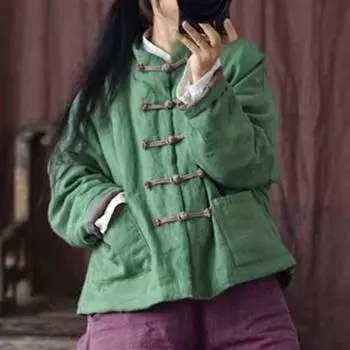 Женские винтажные льняные парки на пуговицах, однотонные пальто, зимние пальто со стойкой и хлопковыми карманами, женские китайские парки One Size розовый