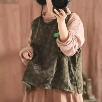 Женские винтажные льняные жаккардовые майки Johnature, одежда высокого качества, весенняя женская майка с круглым вырезом в китайском стиле с геометрическим рисунком One Size темно-серого