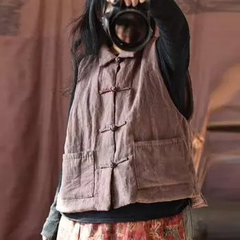 Женские винтажные льняные жилеты на пуговицах с карманами без рукавов, однотонные пальто, весенние женские качественные жилеты в китайском стиле One Size чёрный