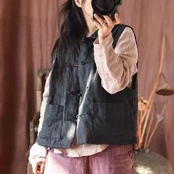 Женские винтажные льняные жилеты на пуговицах с карманами без рукавов, однотонные пальто, весенние женские качественные жилеты в китайском стиле One Size чёрный