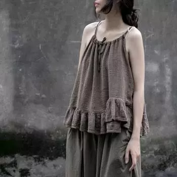 Женские винтажные летние майки Johnature, однотонные, в стиле пэчворк, с рюшами по подолу, женские майки Johnature One Size темный кофе